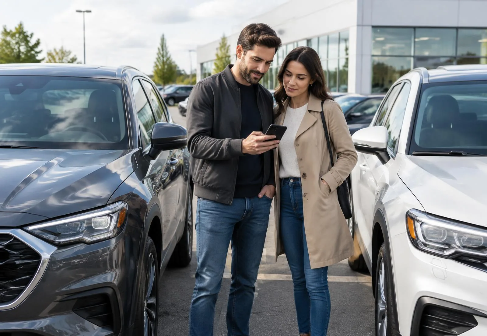 Car owners comparing an offer between vehicles