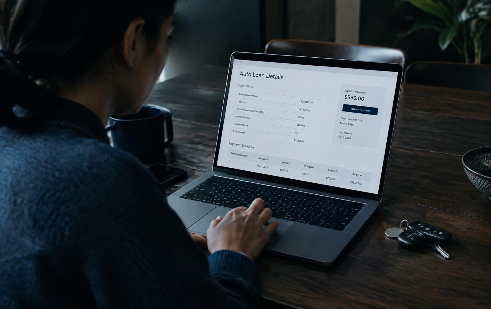 A person reviewing an auto loan statement on a laptop
