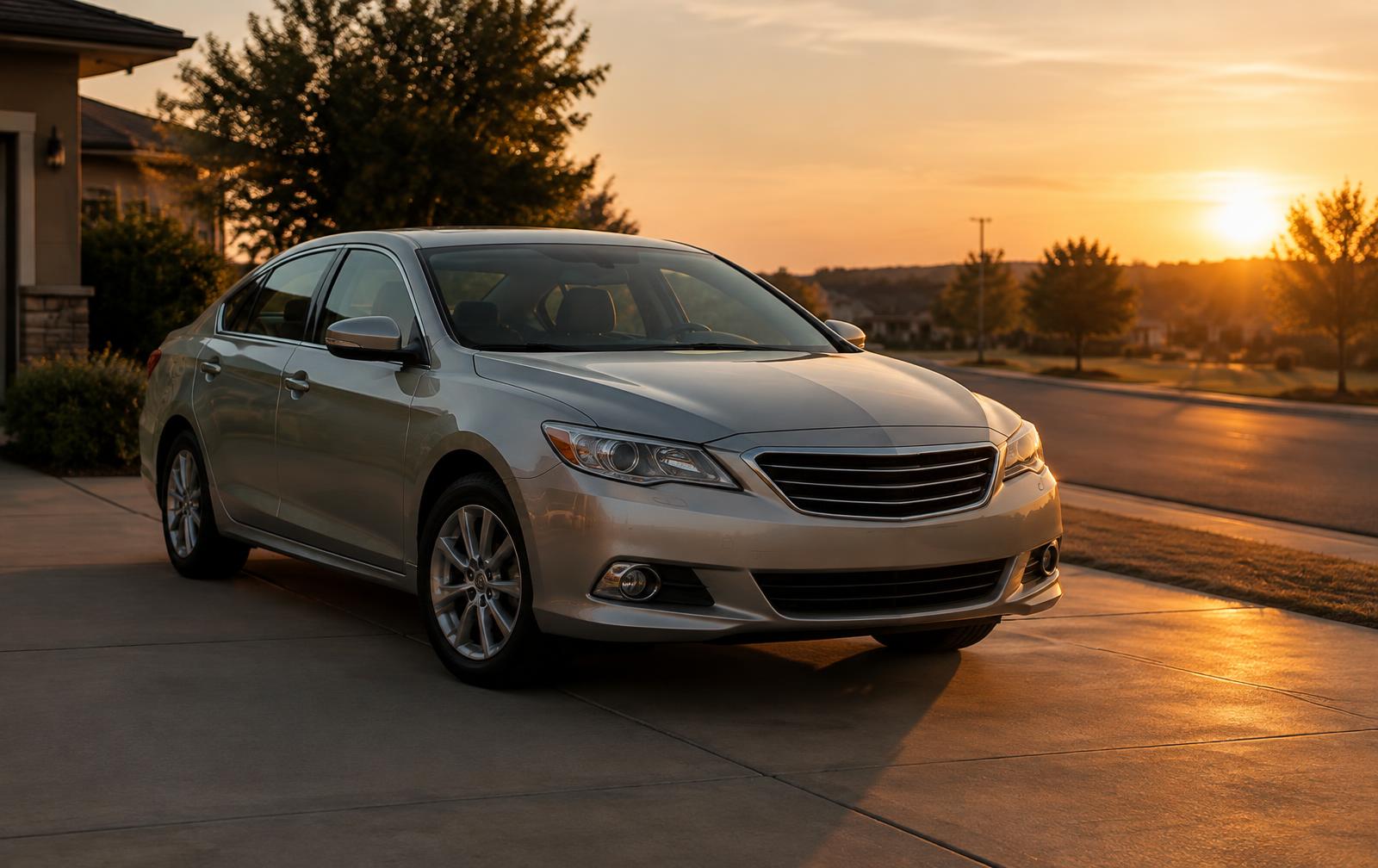A silver used sedan parked on a suburban driveway at golden hour