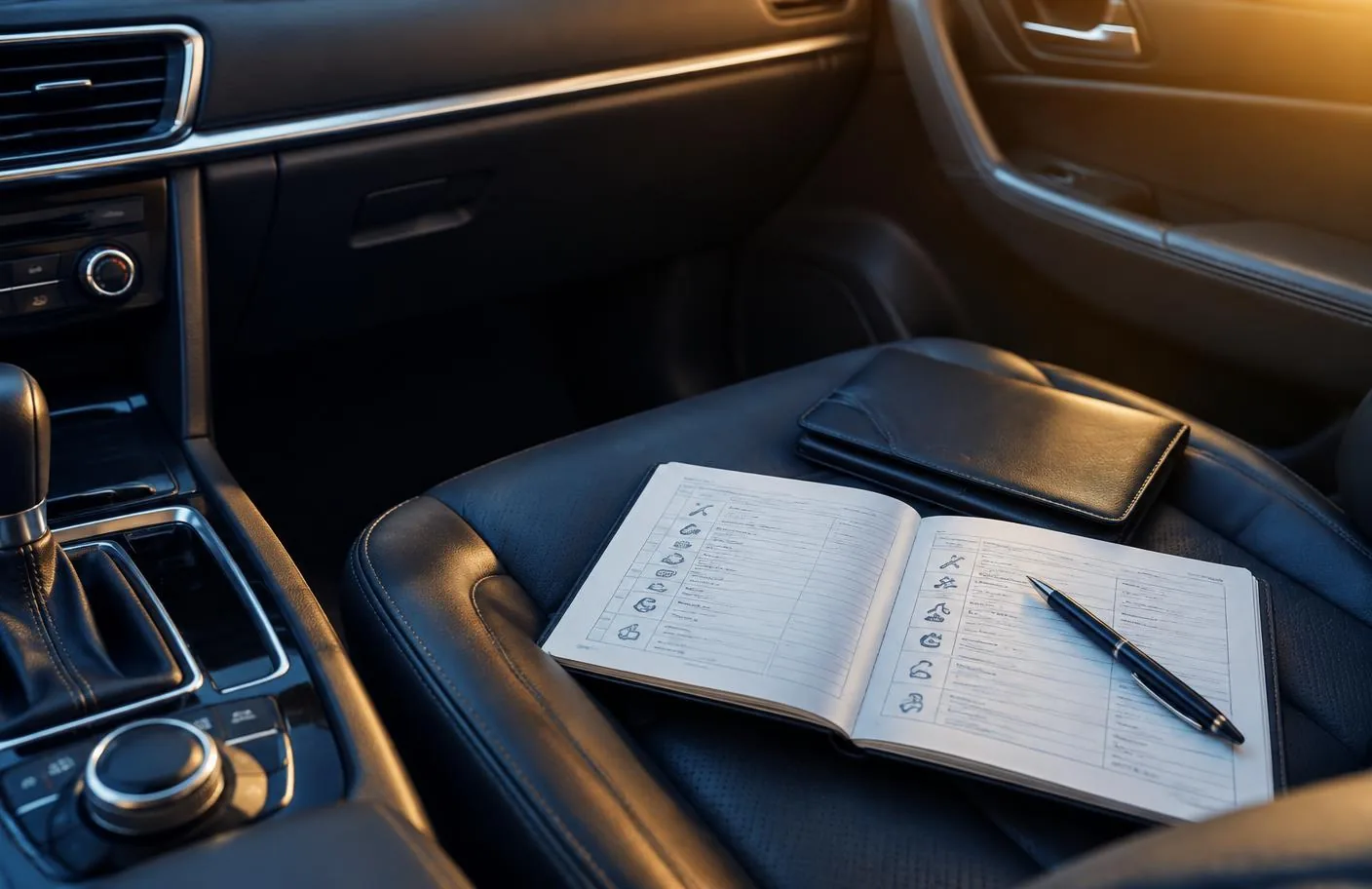 Vehicle service records and documents laid out on a table