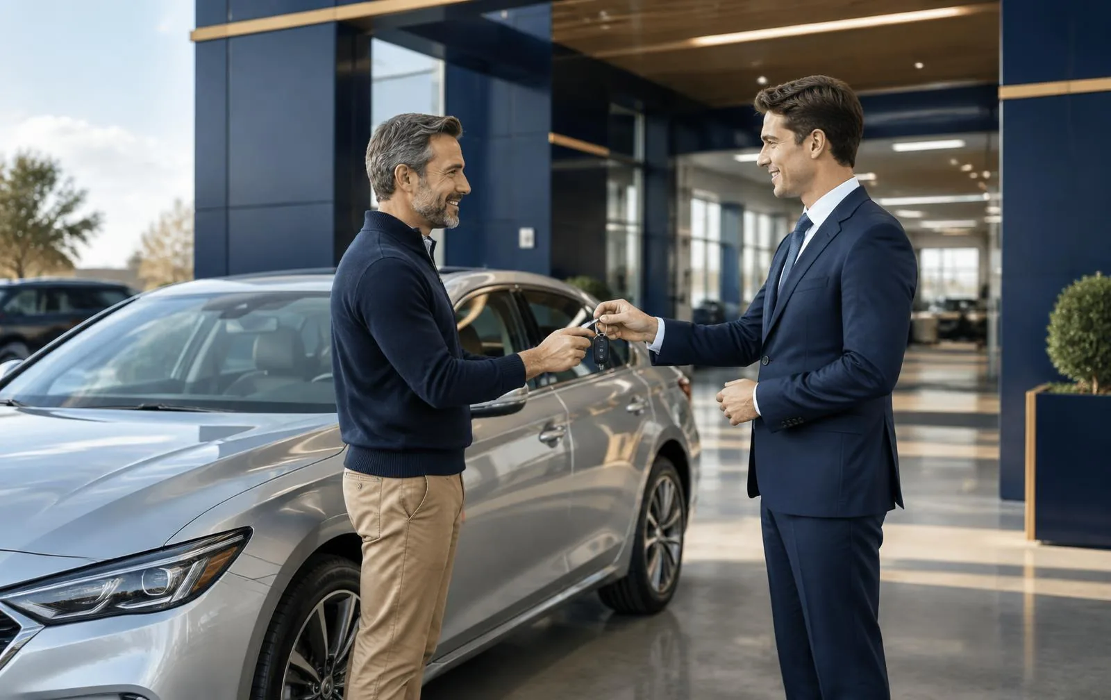 Seller handing vehicle keys to a dealer