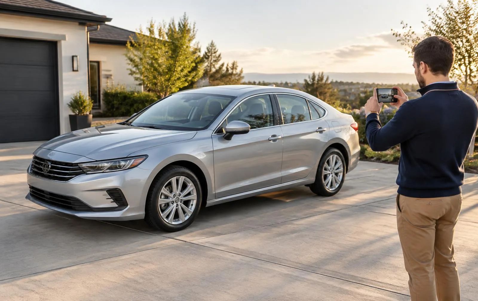 Car owner photographing a silver sedan in a driveway