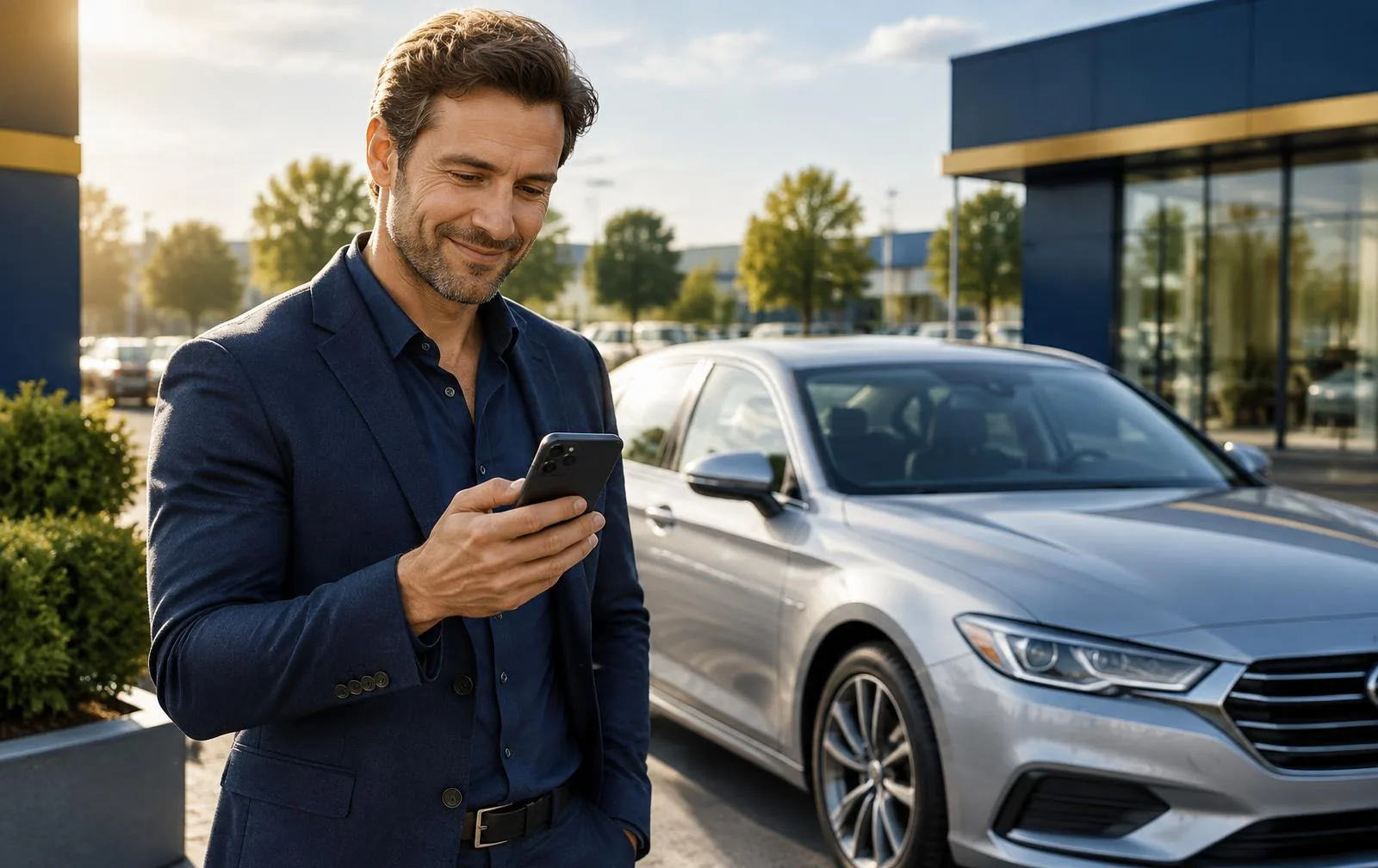 Car owner reviewing an auction result beside a vehicle