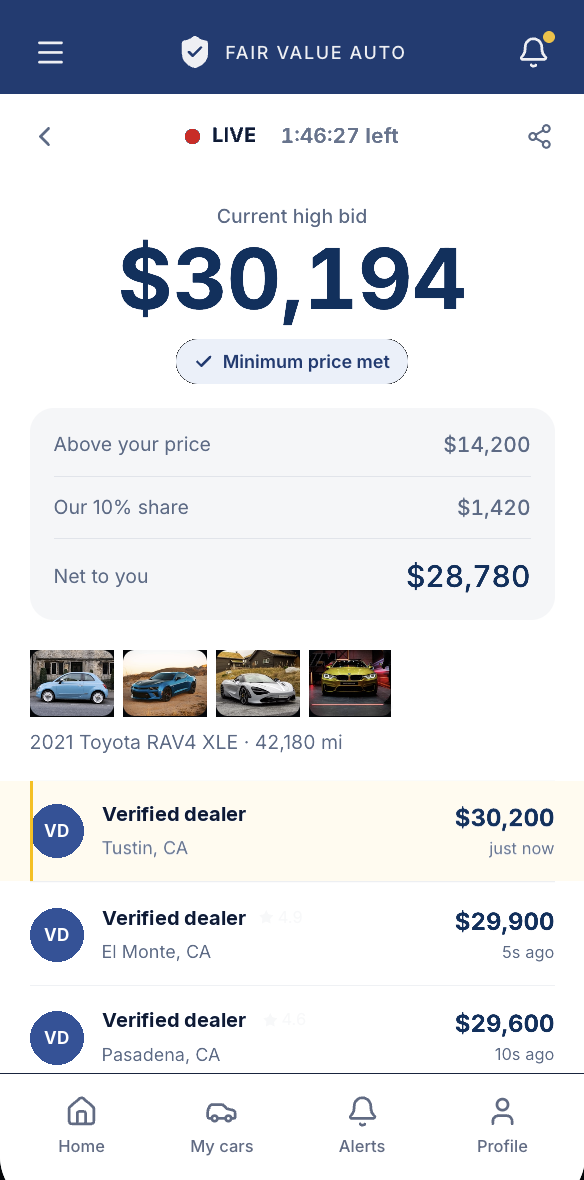 The Fair Value Auto app showing a live auction with competing dealer bids